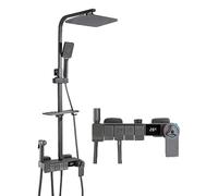 LISHEUK Juego de Mezclador termostático de Ducha, Ducha termostática expuesta Gris Pistola con Cabezal de Ducha de Lluvia y Ducha de Mano, Altura y ángulo Ajustables.