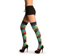 LissKiss Orange, Purple, Green, Red & Blue Argyle Over The Knee Socks - Multicolor Calcetines hasta la rodilla Talla unica (37-42)