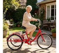 LISTaRSw 24 Inch Electric Tricycle with Three Wheels for Adults, Three Wheel Cruiser Bike, Load Capacity 150 Kg, Adjustable Height with Shopping Trolley Red