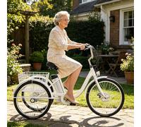 LISTaRSw 24 Inch Electric Tricycle with Three Wheels for Adults, Three Wheel Cruiser Bike, Load Capacity 150 Kg, Adjustable Height with Shopping Trolley White