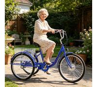 LISTaRSw 24 Inch Electric Tricycle with Three Wheels for Adults, Three Wheel Cruiser Bike, Load Capacity 150 Kg, Adjustable Height with Shopping Trolley Blue