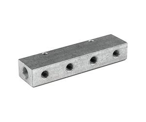 Listón de distribución, salidas en la parte delantera, entrada 2 x 3/8, salida 3 x 1/4, aluminio.