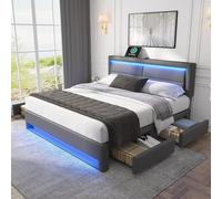 Lit capitonné 140 x 190 cm Avec port USB (prend en charge le chargement sans fil et filaire), avec éclairage LED et quatre tiroirs de rangement, sans matelas, design PU litchi (gris, 140 x 190 cm)
