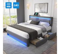Lit capitonné 140 x 190 cm Avec port USB (prend en charge le chargement sans fil et filaire), avec éclairage LED et quatre tiroirs de rangement, sans matelas, design PU litchi,gris[OLD SKU:3256234AAG]