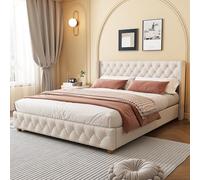 Lit capitonné 140 x 190 cm Avec sommier à Lattes et tête de lit, recretement boutons, revêtement Rivets, Pieds en Bois, lin, beige