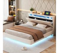 Lit capitonné 160 x 200 - Tête de lit réversible, puertos USB, lumière LED, sommier doble, piedras dissimulés - Adulte et Jeune Adulte - Tissu lin beige