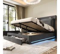 Lit capitonné lumineux, 140*190, lit Hydraulique, tiroirs de rangement 2 en 1 en bout de lit, bandes lumineuses encastrées des deux côtés du lit, sommier à lattes, sans matelas, velours, gris