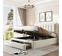 Lit rembourré 140 x 190 Avec sommier à Lattes et tête de lit, lit de rango, lit rembourré hydraulique, lit double, avec 2 tiroirs, Support de lattes en bois, terciopelo, beige