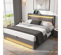 Lit rembourré 140 x 190 cm, Avec Port USB (supporte le chargement sans fil et filaire), Avec éclairage et Espace de Rangement, sans matelas, PU Lychee Design, gris