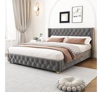 Lit rembourré 140 x 190 cm Avec sommier à Lattes et tête de lit, rembourrage à boutons, rembourrage à Rivets, Pieds en Bois, terciopelo, gris