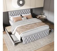 Lit rembourré 140 x 190 cm, lit Double Avec Quatre tiroirs, tête de lit réglable en Hauteur, tirettes et Rivets à la tête et aux Pieds, sommier à Lattes en Bois, lin,Gris Clair