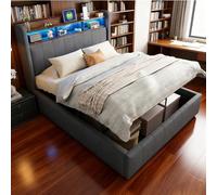 Lit rembourré 140 x 200 cm Avec éclairage LED et prise USB, tête de lit Avec étagères et Espace de Rangement, Avec hydraulique Pour le stockage, lit Double Pour Adultes, Tissu en lin gris