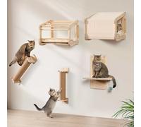 LitaiL - Pared de escalada para gatos de madera auténtica para gatos grandes de hasta 25 kg, juego de 5 piezas, 2 camas para gatos con cojín suave, 2 columnas para rascar, 1 tabla de rascar con