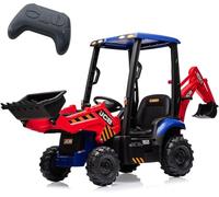 Litake 4 en 1 Tractor Excavadora Eléctrica Infantil - 12V con Mando a Distancia, Cargador Frontal, Bocina, Techo Desmontable, Velocidad 2-4km/h, Juego Motriz - Color Rojo y Azul
