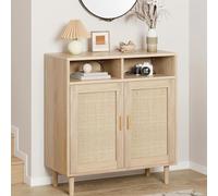 Litake Aparador de ratán, 80 x 92 x 40 cm, con 2 compartimentos abiertos y 2 puertas de ratán, cómoda de madera, armario de almacenamiento, mesa de café, mueble para TV, color natural