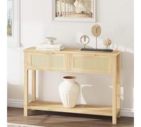 Litake Mesa Consola Estrecha Boho con ratán para recibidor y salón - 2 cajones, 2 Niveles con Estante Inferior - para Pasillo o detrás del sofá - Color Madera Natural 25 años