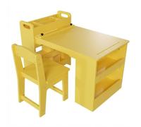 Litake Mesa infantil de madera con 2 sillas - Estanterías abiertas de 4 niveles y soporte para rollo de papel - Amplio espacio de almacenamiento - Escritorio multifuncional para manualidades y estudio