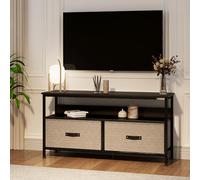 Litake Mueble TV Estrecho para hasta 50" con Almacenamiento - Cajones y estantes Abiertos - Consola de Entretenimiento para salón o Dormitorio - Color: Negro Efecto Madera (Woodblock Print)