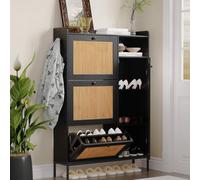 Litake Zapatero Estrecho 3 Cajones con Puertas de Ratan Negro
