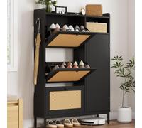 Litake Zapatero Estrecho 3 Cajones con Puertas de Ratan Negro