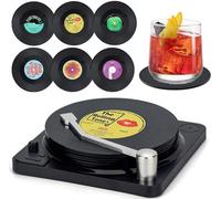 Litensh Posavasos Retro con Discos de Vinilo, de Goma Antideslizante, con Aislamiento, Redondos, para té, café, Bebidas, protección de Mesa, Evita Que se resbale el Soporte (patrón M1 + Soporte)