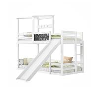 Litera 140x200cm, cama infantil tipo casita con tobogán y escalera, cama alta con somier y pizarra, litera de madera con protección anticaídas, color blanco