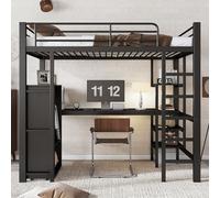 Litera 90 x 200 cm, cama individual con protección anticaída y somier | Cama alta con mesa y armario y escalera de 5 niveles, abundantes compartimentos de almacenamiento, cama juvenil para niños y
