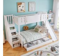 Litera, 90 x 200 cm, cuna con ventana, con tobogán infantil, cajones con ruedas, escaleras con pasamanos, con 4 armarios en la escalera, diseño versátil, amplio espacio de almacenamiento, pino+MDF