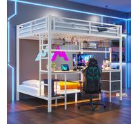 Litera 90x200 & 140x200 cm Iluminación LED Puertos USB Cajones Estantes Estanterías colgantes Estructura metálica Blanco (sin colchón) 90x200 cm blanco