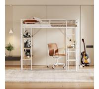 Litera 90x200 cm Estructura de hierro, Escritorio y 3 estantes, Barandilla lateral y escalera de seguridad, Habitación infantil/Adultos 204.5x149x180.5 cm blanco