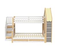 Litera, 90x200cm+140x200cm - con barandilla, escalera con almacenamiento, 2 cajones, valla irregular - blanco + natural