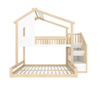 Litera 90x200cm+140x200cm - con barrera de cama, escalera con almacenaje, ventana y diseño de casita - natural y blanco