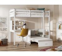 Litera alta 90 x 200 cm con escritorio, sofá convertible y almacenamiento - Pino macizo - Blanco + Colchón - GOLIATH III