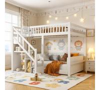 Litera alta de 140 x 200 cm, litera con escalera y espacio de almacenamiento, cama infantil con estantería y armario, cama juvenil con somier de láminas, cama funcional de madera maciza, sin colchón
