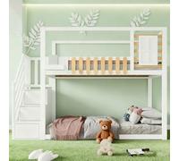 Litera blanca de 90 x 200 cm con escalera, ventana y armario - Cama infantil de madera maciza con 3 cajones, estantería y