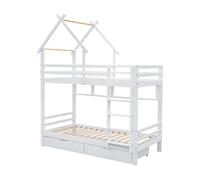 Litera, cajones, estantes, cama casita, escalera 3 peldaños, protección, pino, blanco, 90x200cm