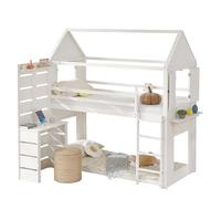 Litera Cama-Casa Infantil con Barandilla de Protección, Mesa, Estante Abierto, Dos Ventanas, Amplio Almacenaje - Madera de Pino + MDF, Blanco, 90x200 cm