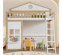 Litera, cama de casa, con escalera, con protección contra caídas y rejilla, cuna con techo y ventana, marco de pino+MDF, blanco y natural, 90 x 200 cm (205 x 156 x 229 cm)