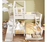 Litera, cama infantil 90 x 200 y 140 x 200 cm, cama alta con cajón, tobogán y escalera, con somier, diseño de cabaña de troncos, sin colchón (blanco)