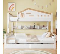 Litera, cama infantil, con rejilla anticaídas, dos cajones, con ventana, estantería abierta, pino+MDF, blanco y natural, 90 x 200 cm y 140 x 200 cm