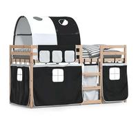 Litera con cortinas, 90 x 200 cm, madera de pino, cama alta para niños y jóvenes, ahorro de espacio, sistema de dormir con protección visual, color blanco y negro