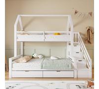 Litera con escalera, cuna, cama infantil, 3 personas con cajones, estantería, con rejilla anticaídas, marco de madera de pino con espacio de almacenamiento, 90 x 200 cm+140 x 200 cm (blanco, 250,5 x