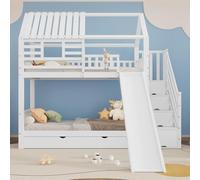 Litera con escalera y tobogán, cama de casa, escalera con espacio de almacenamiento, marco de madera de pino y MDF, cuna con ventana y techo, con rejilla anticaída y cajón, 90 x 200 cm (blanco, 254 x