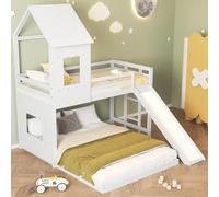 Litera con tobogán, color blanco, cama infantil con rejilla anticaídas, ventana y techo, escalera de 3 niveles, pino y MDF, 90 x 200 cm y 140 x 200 cm, para habitación infantil, ahorra espacio, diseño