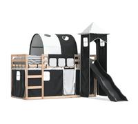 Litera con tobogán y cortinas, cama alta para niños en blanco/negro, 90 x 190 cm, estable cama doble con tobogán y privacidad, ideal para habitaciones infantiles y espacios pequeños