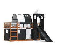 Litera con tobogán y cortinas, color blanco y negro, 90 x 200 cm, cama alta para niños con tobogán y privacidad, ahorra espacio y es estable para habitaciones infantiles