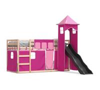 Litera con tobogán y cortinas, color rosa, 90 x 190 cm, cama alta para niños con tobogán y cortinas, madera de carpintero estable para jugar de forma segura, solución que ahorra espacio para
