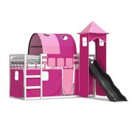 Litera con tobogán y cortinas, color rosa, 90 x 190 cm, cama alta para niños con tobogán y protección visual, cuna que ahorra espacio para espacios pequeños, estructura de madera estable