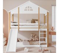 Litera con ventanas características y deslizadores angulares de tres niveles, cama infantil con tobogán, cama con vallas y protección contra caídas, marco de cama de madera maciza, blanco y natural
