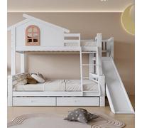 Litera con ventanas características y escalera basculante de cuatro niveles, para niños y cama madre con tobogán, con dos cajones, marco de cama de madera maciza, color blanco, 90 x 200 y 120 x 200 cm